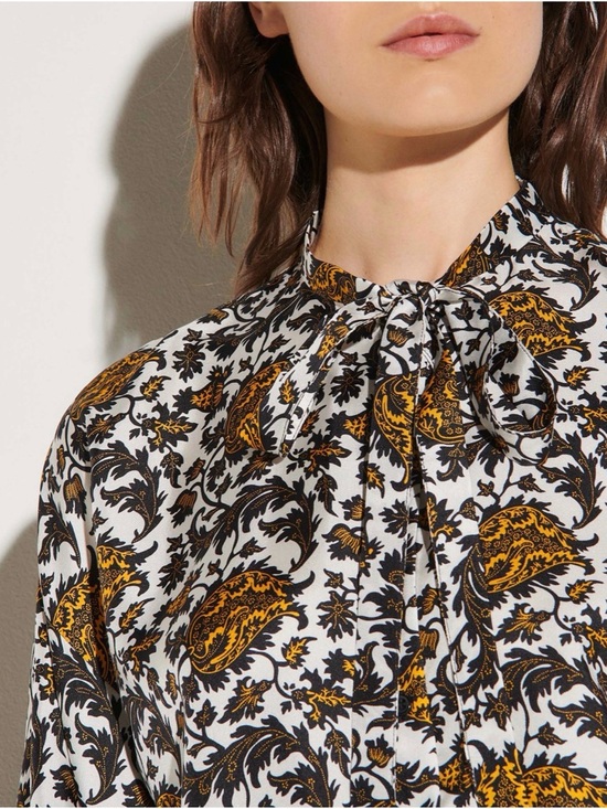 Sandro Paris Tie-Neck Blouse with Mustard and Black Print Size S/M $368